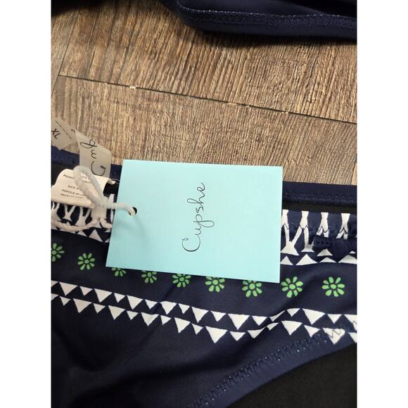 Cupshe NWT Navy Blue Green White Halter Top Corset Back Bikini Swim Set XL Suit - Picture 3 of 5